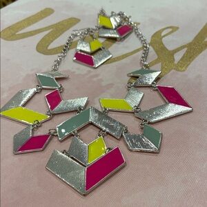 Geometric Silver Necklace And Earrings Set with Pink, Yellow, and Gray Accents